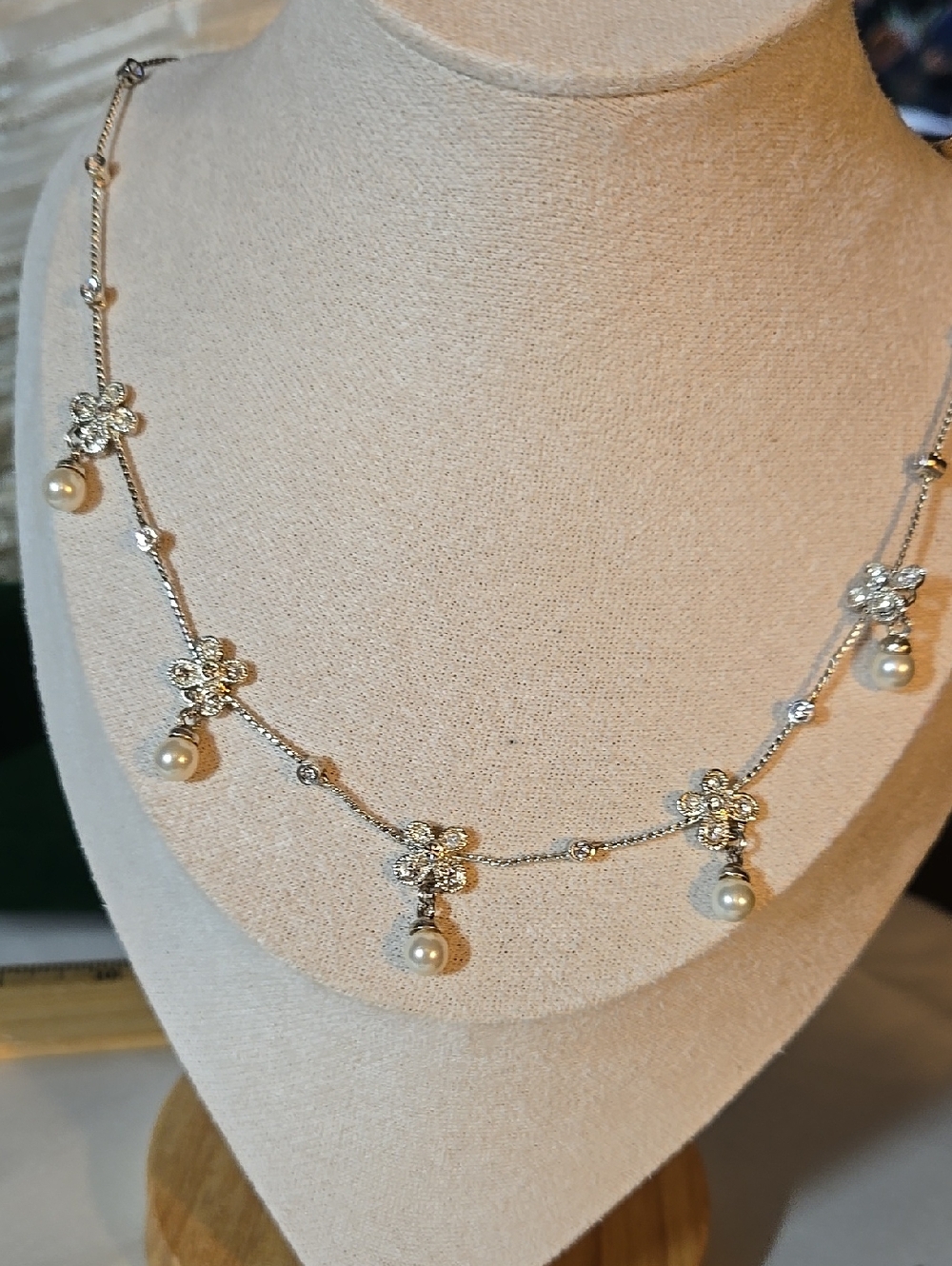 Silver Floral Crystal Necklace with Ivory Pearl Drops